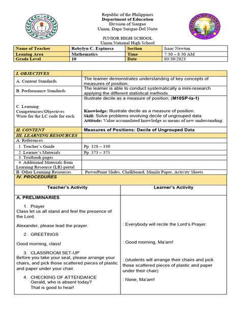 Lesson Plan in Decile .